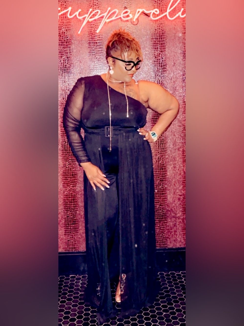 Pre-Loved One-Sleeve Black Jumpsuit with Belt & Sheer Overlay
